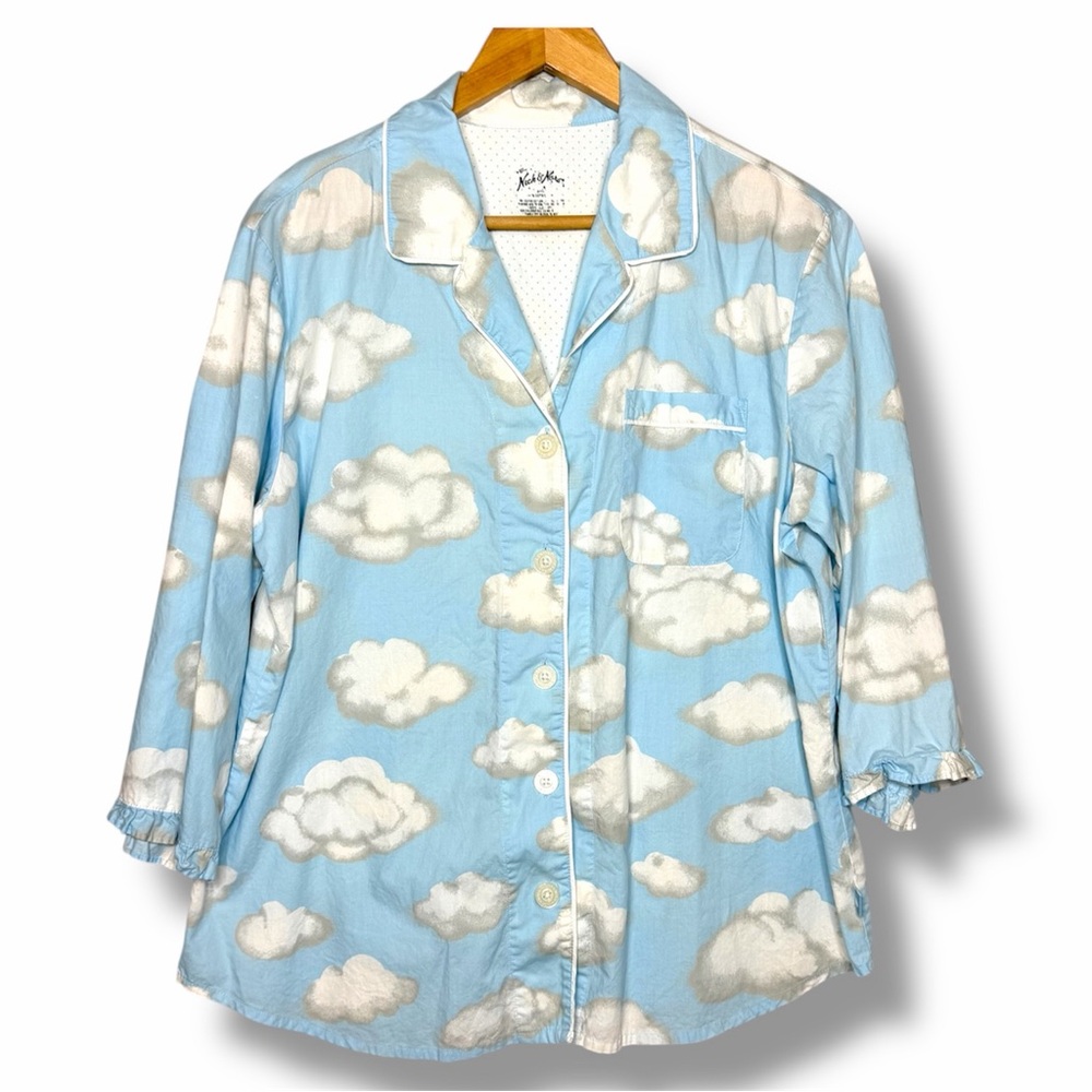 Nick & Nora Cloud Print Pajama Top XXL Blue Cotton Sleep Shirt